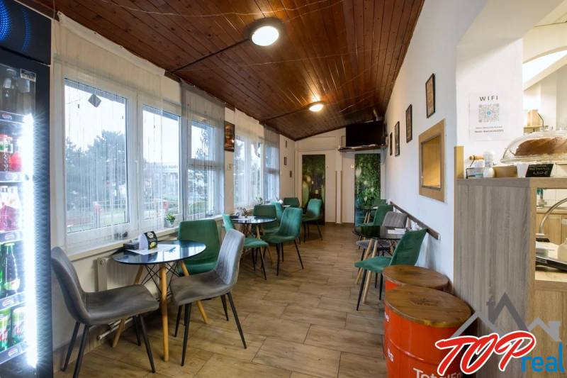 Gastro premises with chairs, tables, and flooring with a wooden decor.
