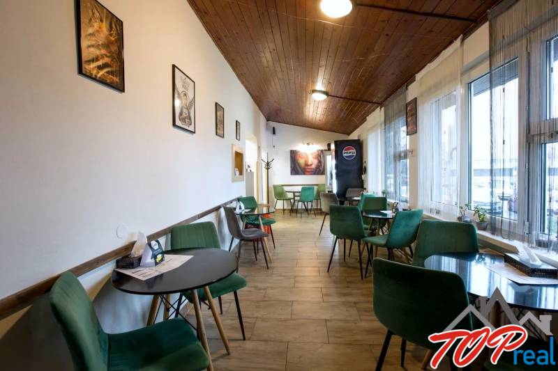 Gastro premises with wooden decor flooring and green chairs.