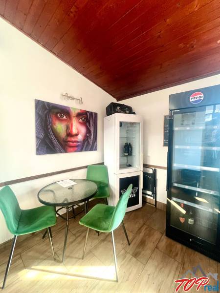 Gastro premises with a wooden decor floor, green chairs, paintings, and a refrigerator.