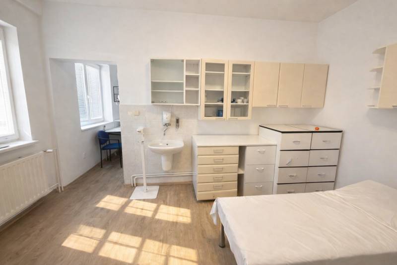 A bright office with a sink, wood-patterned flooring, and storage spaces.