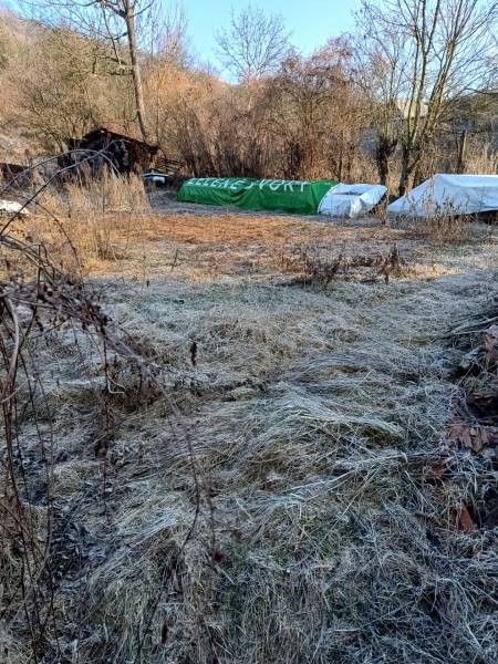 Plots - housing in Sklabiňa covered with dry grass and surrounded by trees.