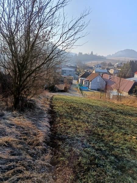 Landscape in Sklabina with residential plots, houses, and trees in the background.