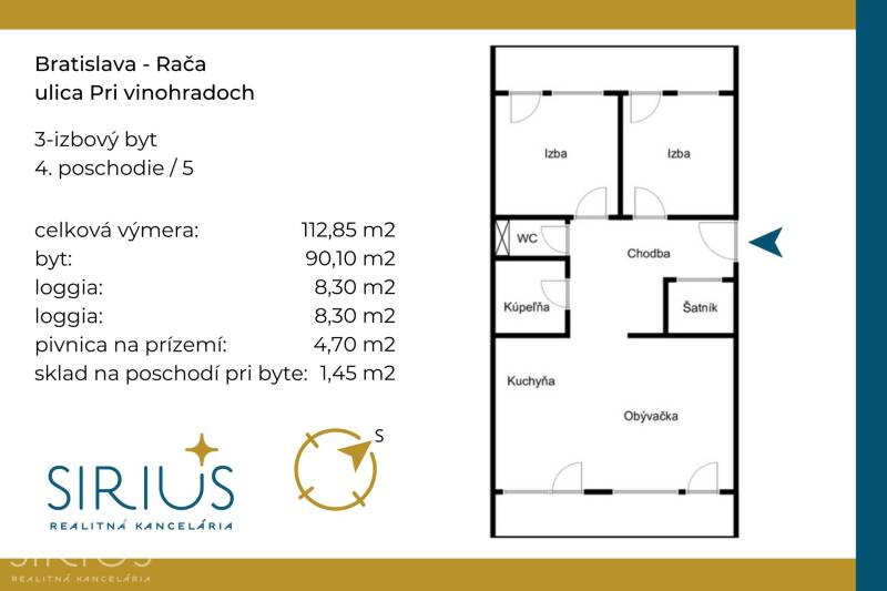 Floor plan of a 3-room apartment in Bratislava - Rača, Pri vinohradoch street, with loggias and a cellar.