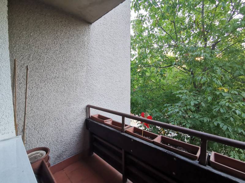 A balcony in a 4-room apartment surrounded by greenery with flower pots on the railing.