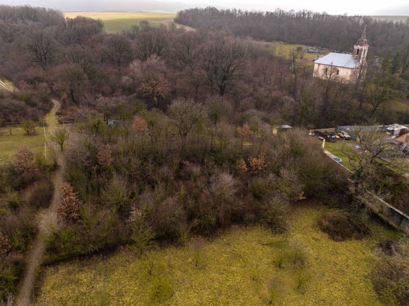 Recreational plots in Gemerské Teplice surrounded by forest and a church in the background.