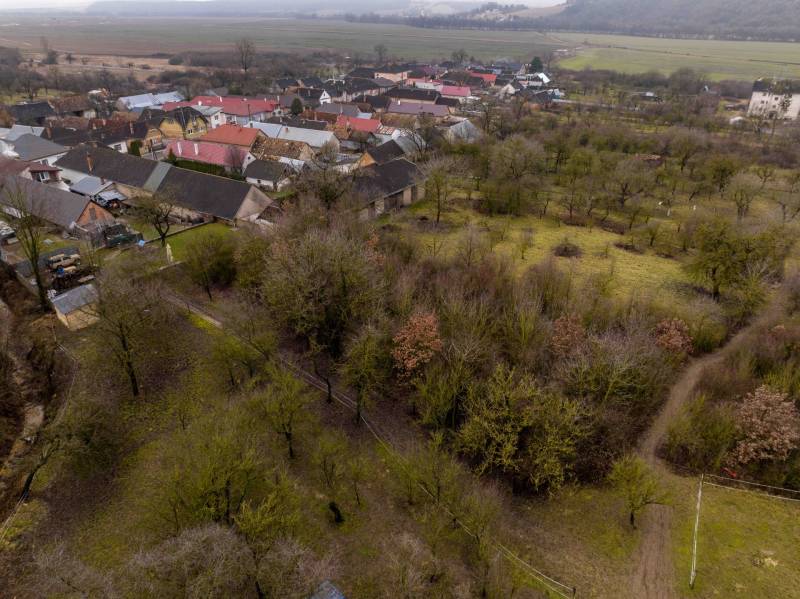 View of recreational plots in Gemerské Teplice with numerous trees and houses.