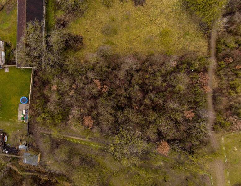 Aerial view of forest recreational plots near Gemerské Teplice with a grassy area.