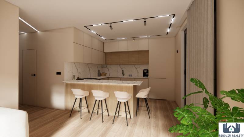 A kitchen in a 3-room apartment with a bar counter and a floor with a wood decor.