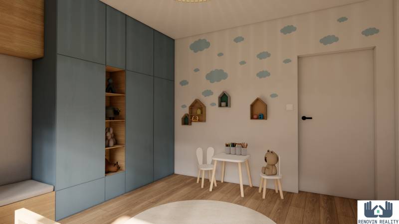 Children's room with decorations, furniture, and flooring with a wooden decor in a 3-room apartment.
