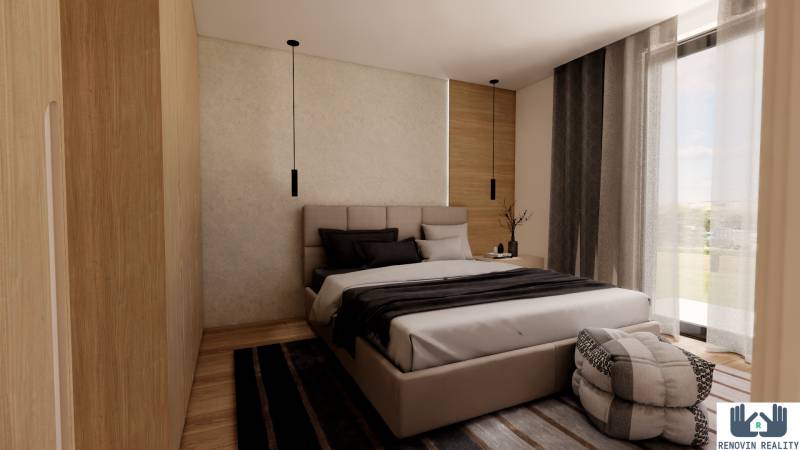 Bedroom in a 3-room apartment, bed, curtains, wooden decor flooring, view through the window.