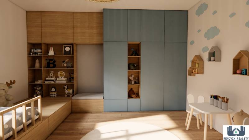 Children's room in a 3-room apartment with drawings on the wall and a floor with a wooden decor.
