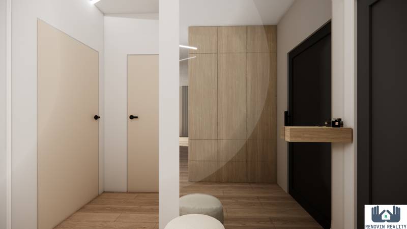 A hallway of a 3-room apartment with a wooden decor floor and minimalist design.