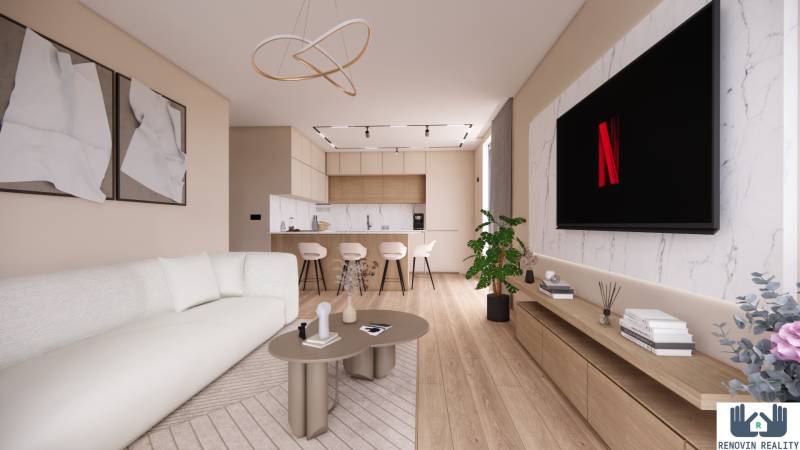 Interior design of a living room in an open space with a kitchen, wooden decor flooring.