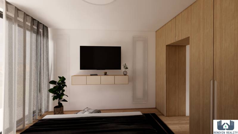 Bedroom in a 3-room apartment with wood-patterned flooring, a television, and a cabinet.