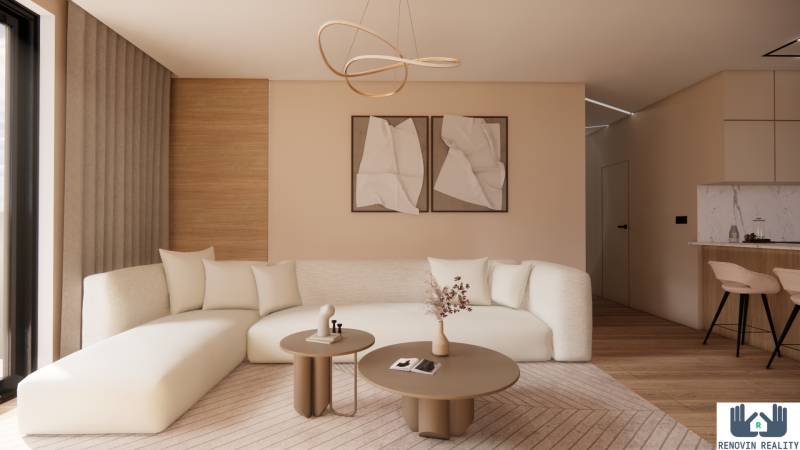 A bright living room with a sofa, tables, and a wooden decor floor in an apartment under construction.