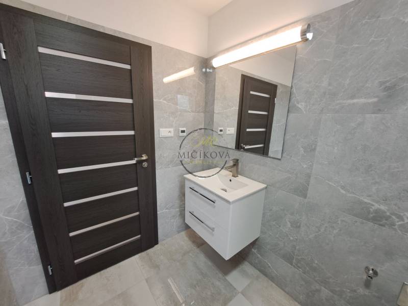 Bathroom in a family house with a sink, mirror, and dark doors.