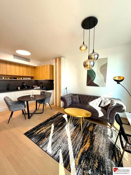 Living room in a two-room apartment with a wood-patterned floor and modern furniture.