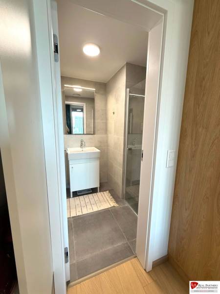 Bathroom in a 2-room apartment with a sink, shower, and floor with a wooden decor.