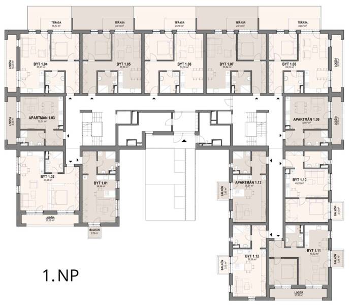 The floor plan of the first above-ground level includes 1-bedroom apartments and apartments with terraces.