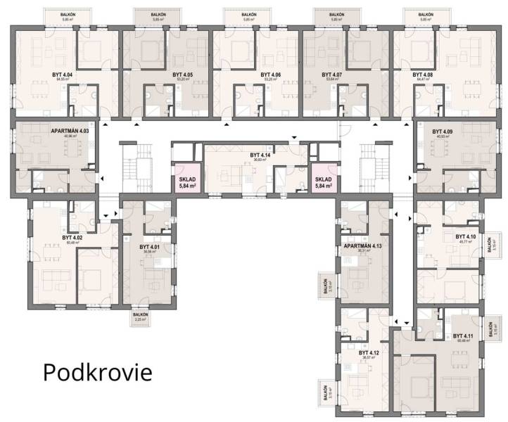 Floor plan of attic apartments with names of balconies, storage rooms, and rooms.
