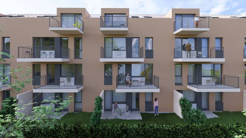 A view of the balconies and terraces of an apartment building in Poprad, each for a one-room apartment.