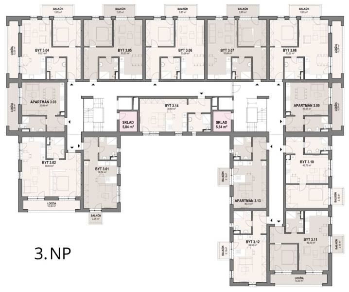 Floor plan of the 3rd floor with the layout of 1-bedroom apartments in Poprad.