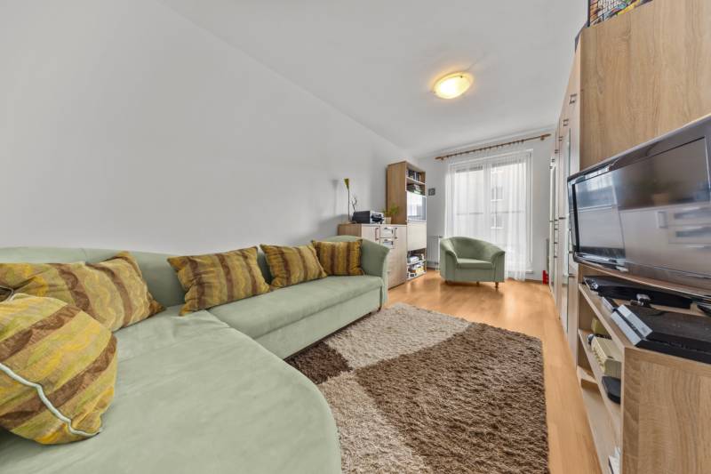 Living room in a 4-room apartment with a couch, television, and a floor with a wooden decor.