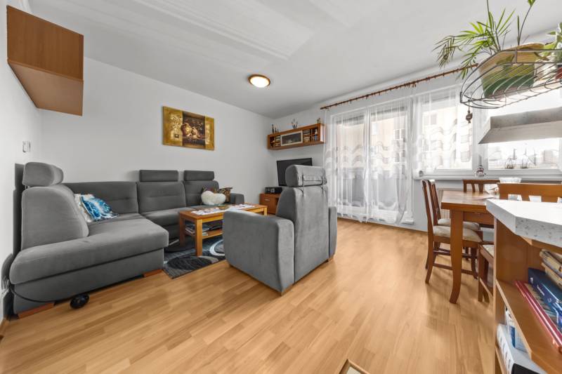Living room of a 4-room apartment with a gray sofa and a floor with a wooden decor.