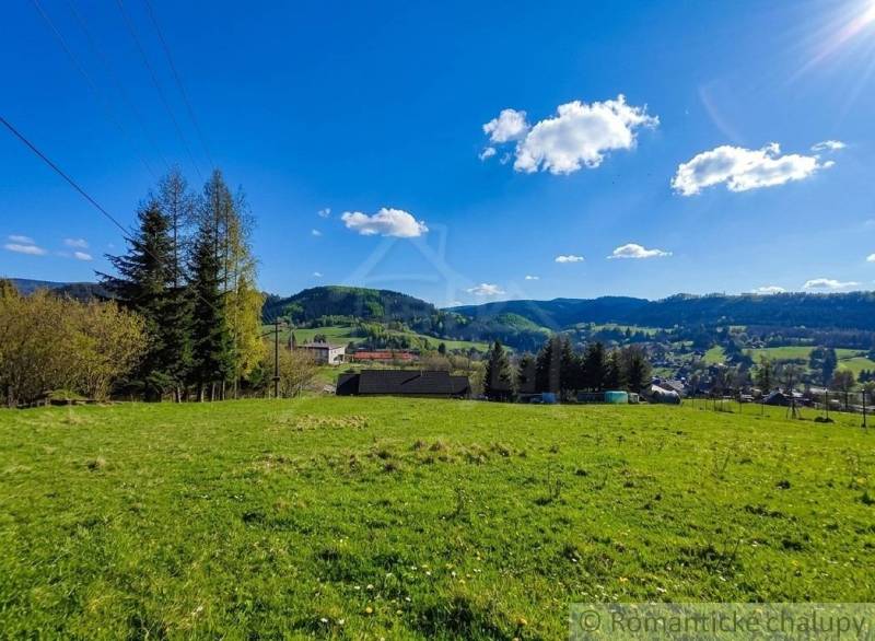 A landscape with a meadow and trees in the Gardens of Ľubietová, surrounded by hills and a blue sky.