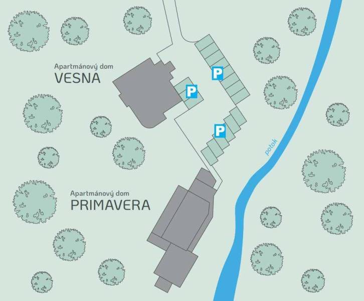 Map with the location of Vesna and Primavera apartments by the stream, with parking.
