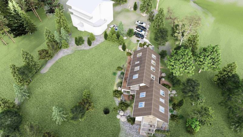 A recreational apartment in Starý Smokovec surrounded by greenery and forest environment with parking spaces.