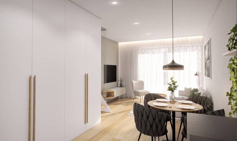 Dining room with wood-patterned flooring in a studio apartment, a bright and functional space.