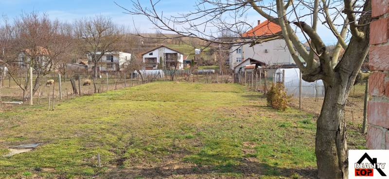 The garden at the family house in Gemerský Jablonec with a view of the surrounding houses and fruit trees.
