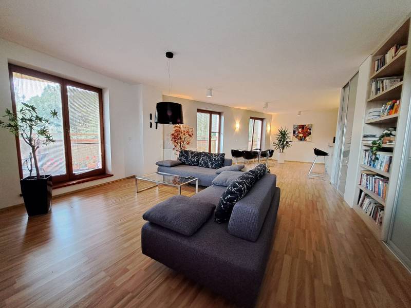 Living room in a two-room apartment with a sofa and a wooden decor floor.