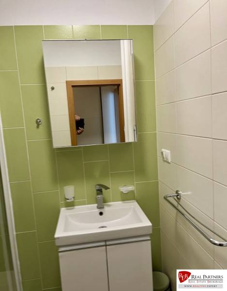 A bathroom with green tiles, a sink, and a mirror in a 2-room apartment.
