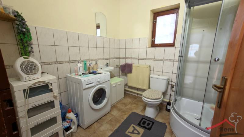 A bathroom in a family house with a washing machine, shower, and toilet on a floor with decor.