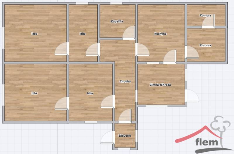Floor plan of a family house with four rooms and a wooden decor floor.