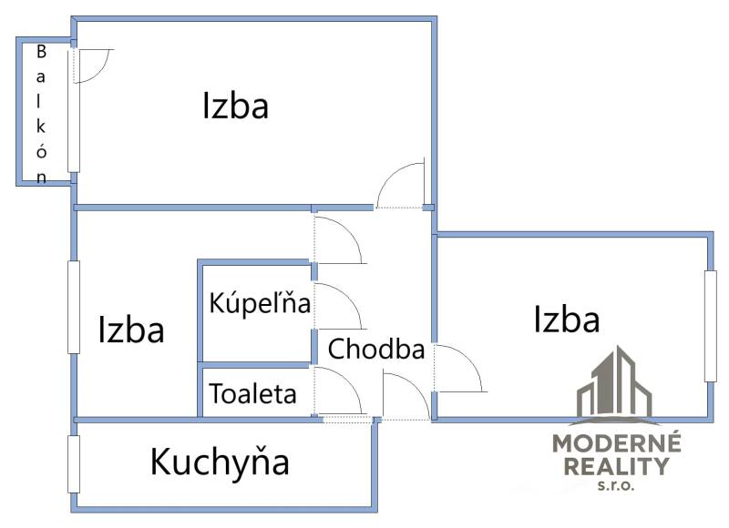 Floor plan of a 2-room apartment with a kitchen, balcony, bathroom, and toilet.