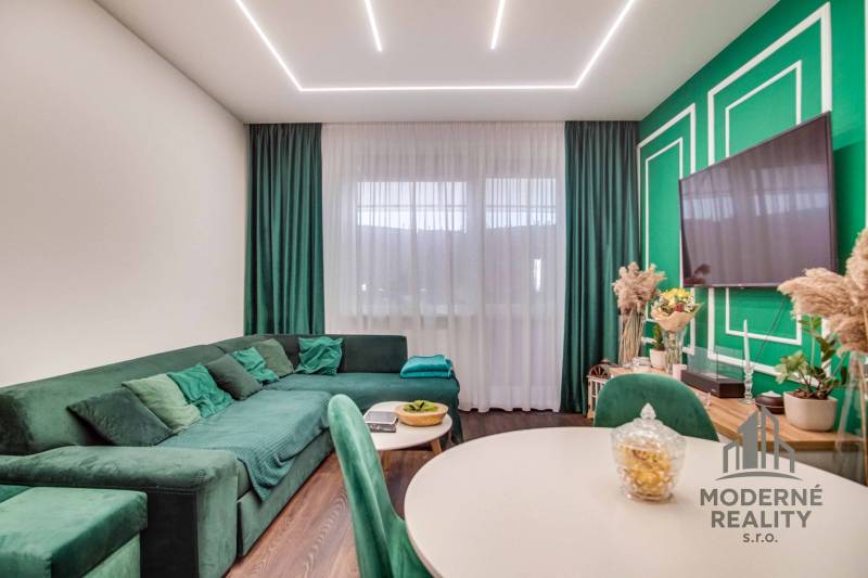 Living room in a two-room apartment with a sofa and decorative green elements.