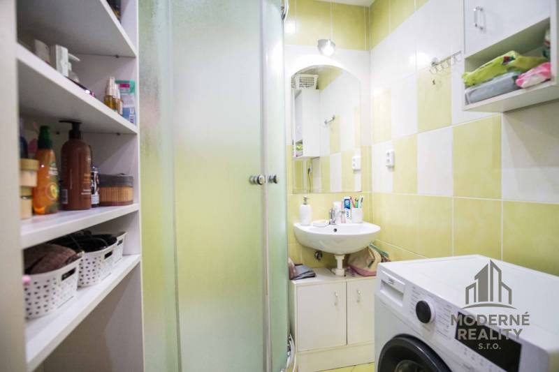 Bathroom with a sink, shower, and washing machine in a 2-room apartment.