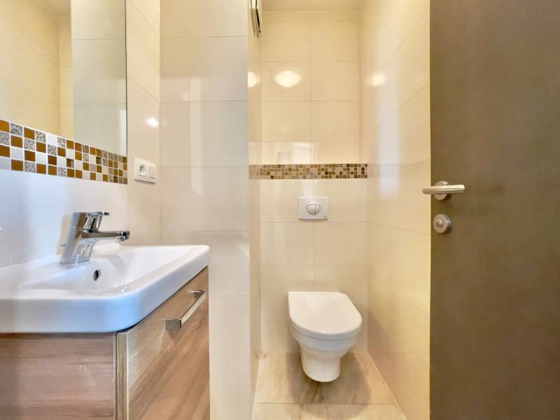 A bathroom in a 3-room apartment with a sink and a toilet, tiled with mosaic.