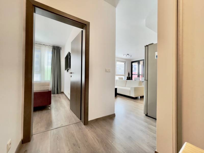 The hallway leads to the living room with a wooden decor floor in a 3-room apartment.