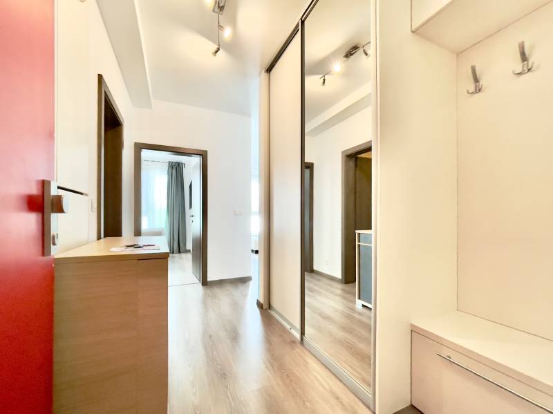 Entrance hallway in a 3-room apartment with a wooden decor floor and a mirrored wardrobe.