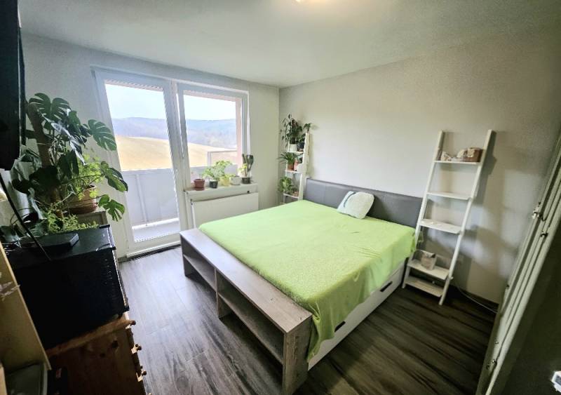A bright bedroom with a bed, plants, and a wooden decor floor in a 3-room apartment.