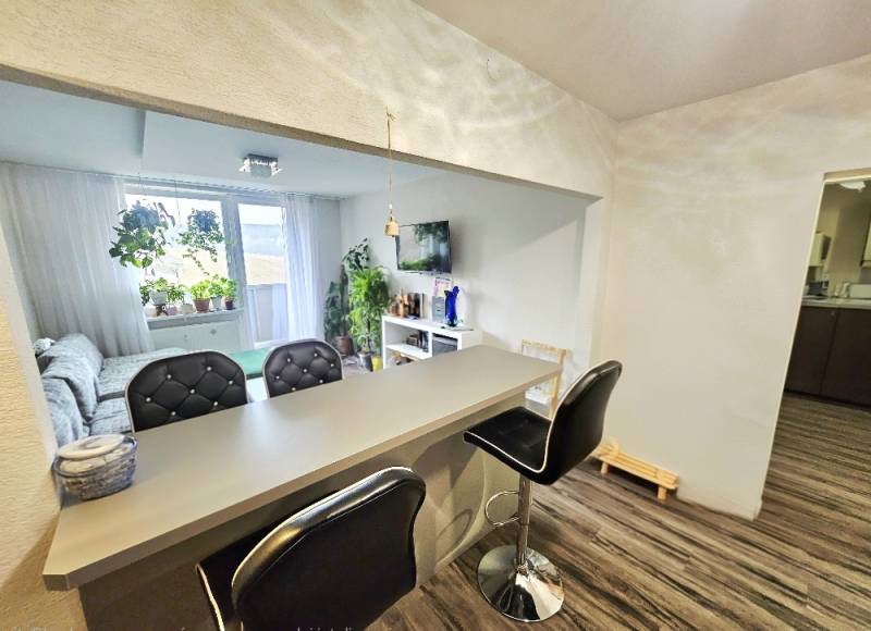3-room apartment with a bar counter and comfortable seating, floor with wooden decor.
