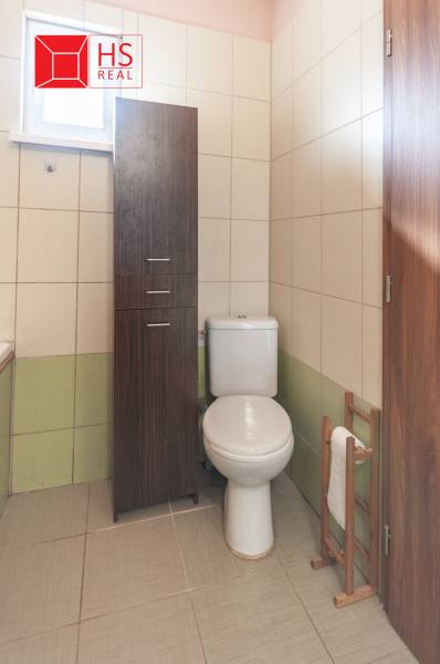 Bathroom in a family house with a toilet and a tall cabinet.