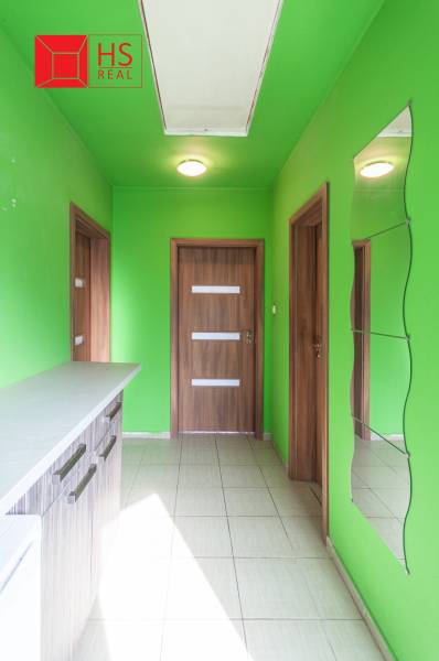 Green interior in a family house with wooden decor on the doors and a mirror on the wall.