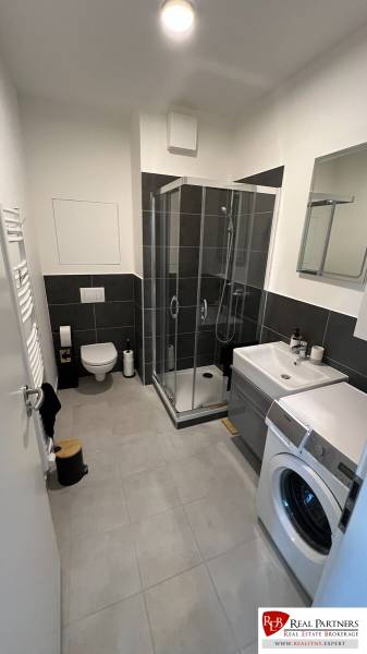Bathroom of a 2-room apartment with a shower, washing machine, and sink with storage space.