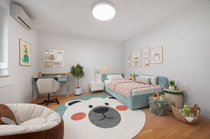 Children's room with a bed, creative carpet, desk, and floor with wooden decor.