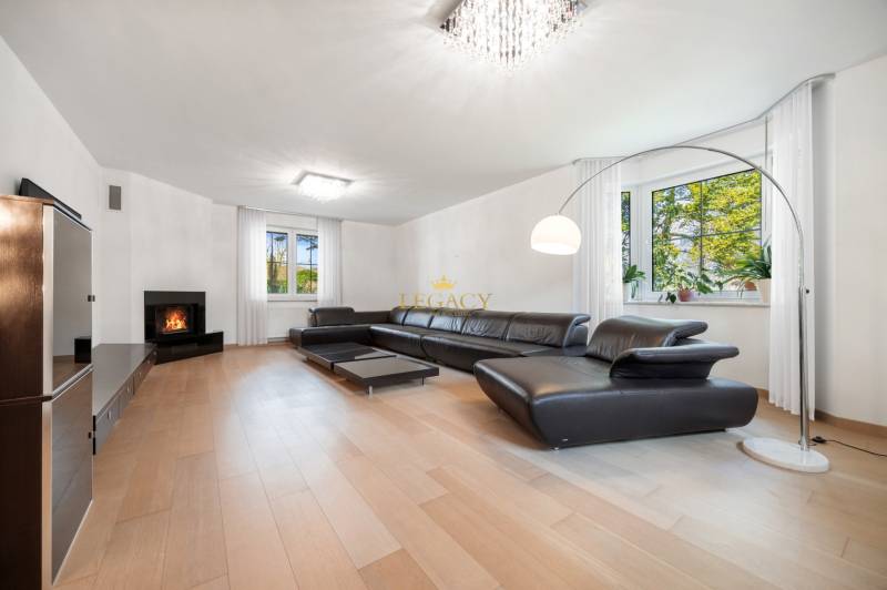 Living room in a family house with a leather sofa and a wooden decor floor.